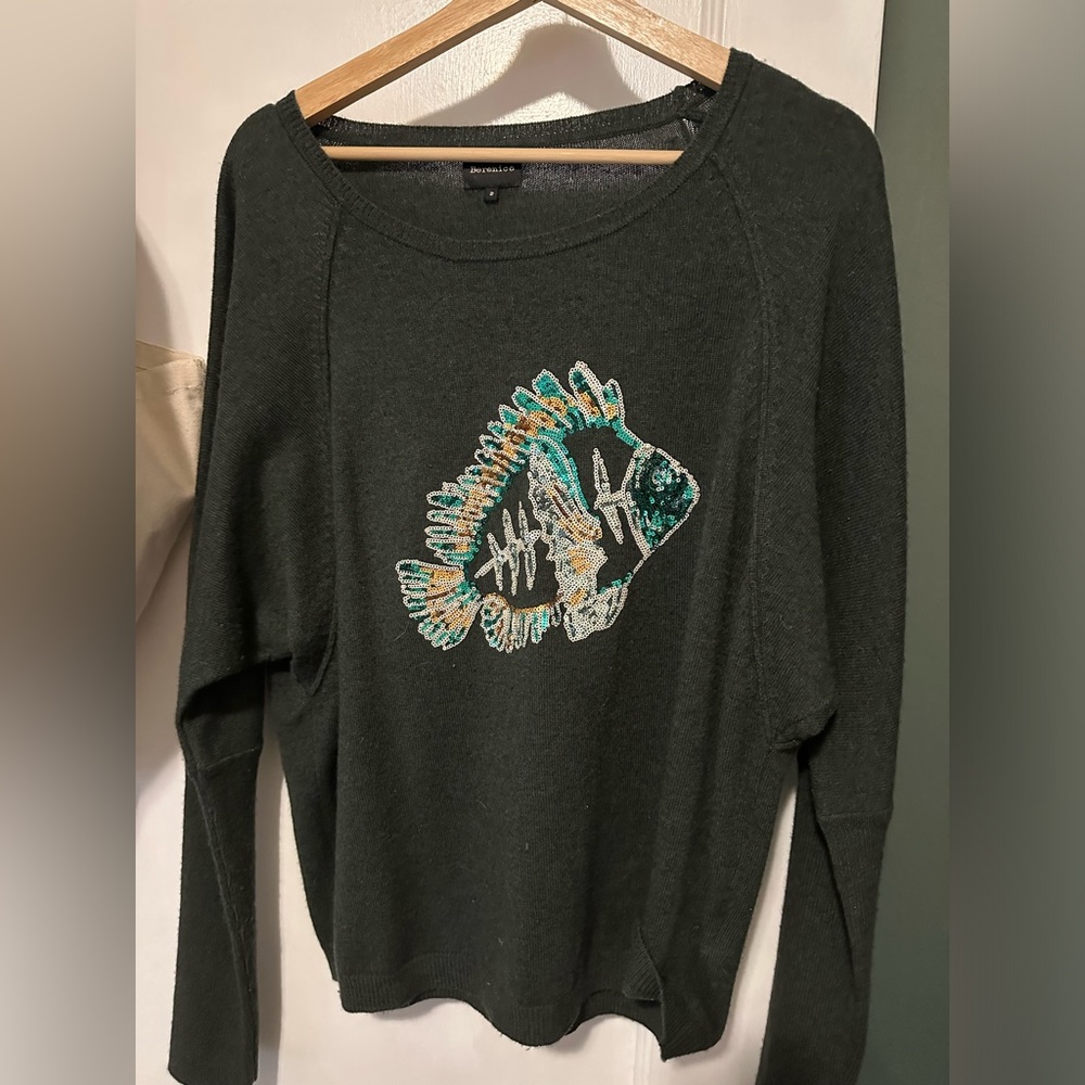 Berenice wool/cashmere blend Green beaded/embroidered sweater with cute fish